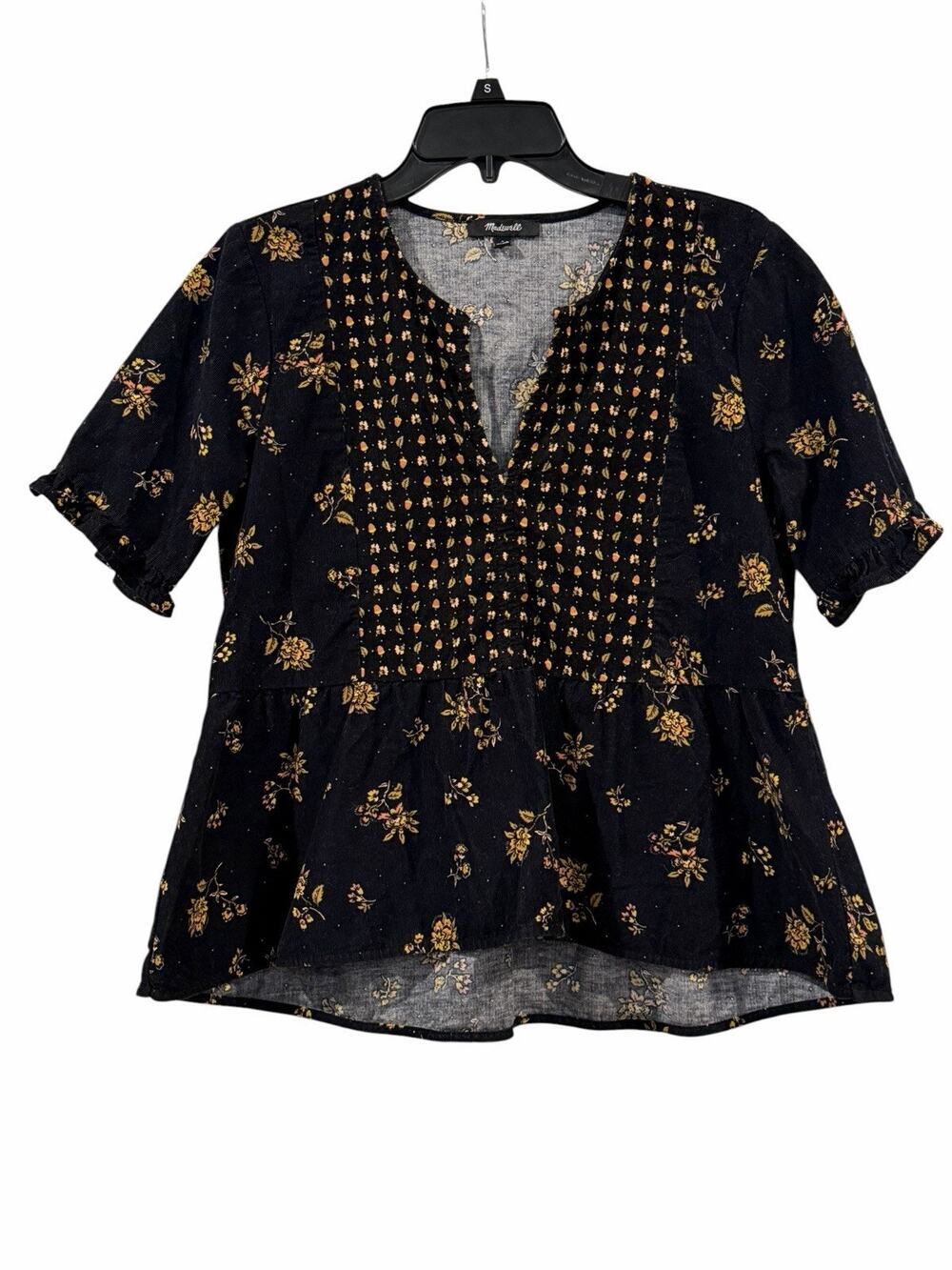 Madewell Corduroy Acorn Foulard Short Sleeve Top SZ S True Black Mix Print 70s
